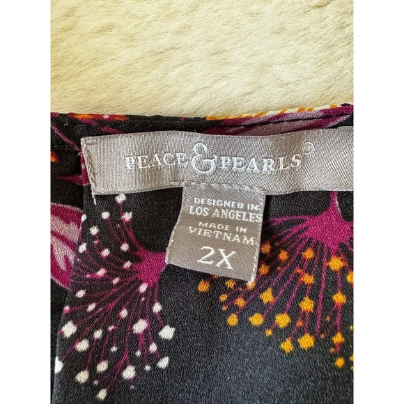 Peace & Pearls Faux Wrap Blouse size  2X Roll Tab Sleeve Floral Office Mod EUC - Picture 6 of 7